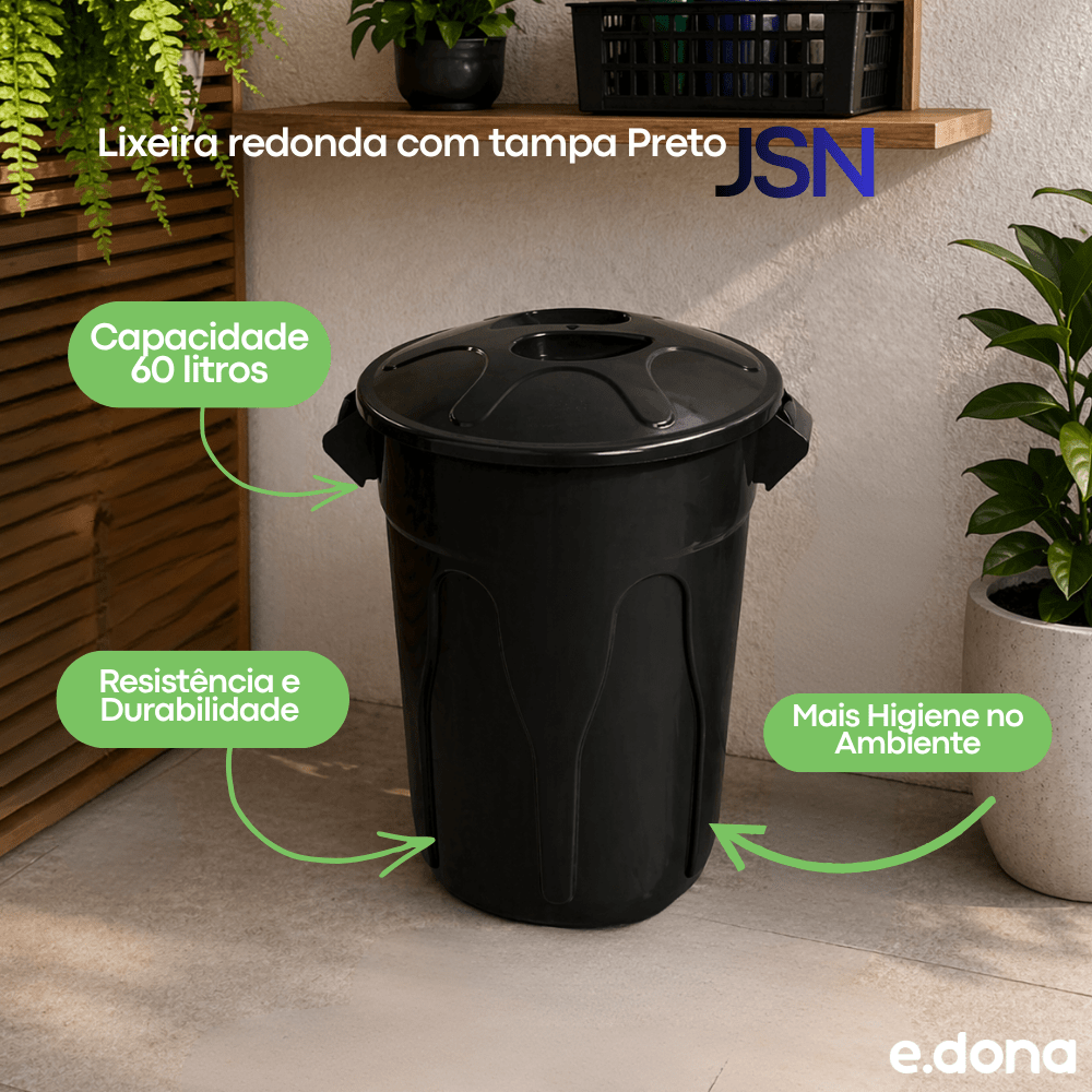 Lixeira 60L Redonda com Tampa Preta JSN - e - dona