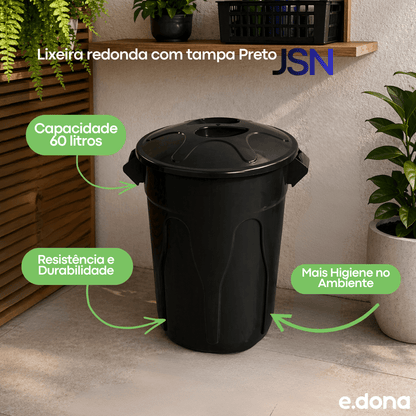 Lixeira 60L Redonda com Tampa Preta JSN - e - dona