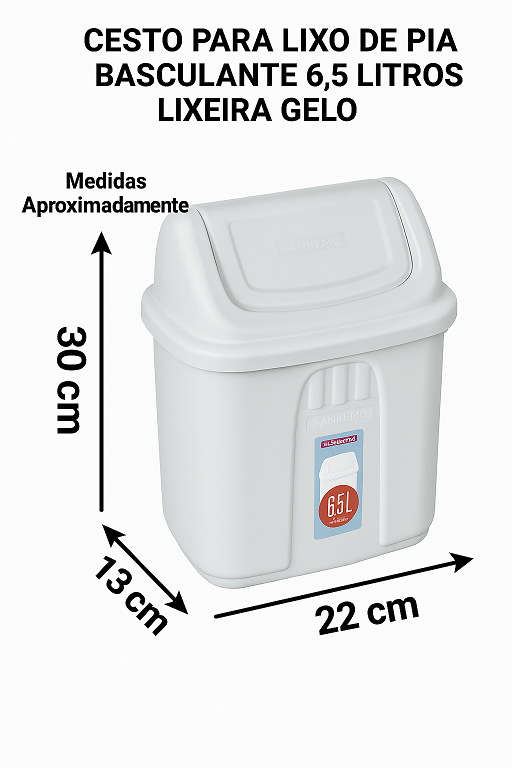 Lixeira 6,5L retangular gelo com tampa basculante branca Sanremo - e - dona