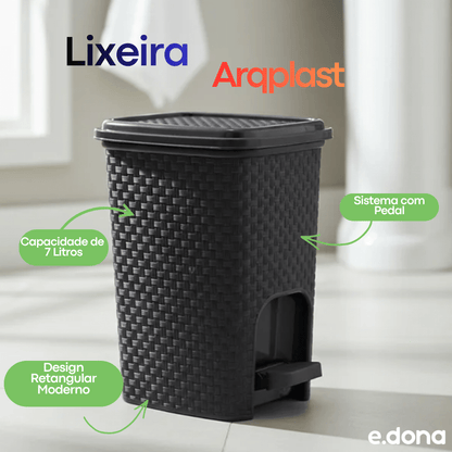 Lixeira 7L Retangular Preta com Pedal Arqplast - e - dona