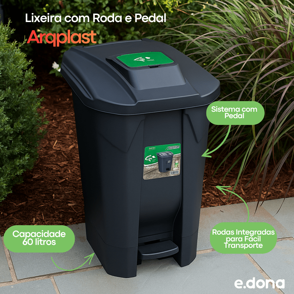 Lixeira Arqplast 60L com Roda e Pedal - e - dona