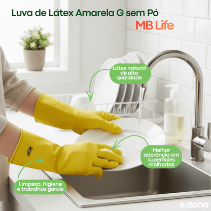 Luva de Látex Amarela G sem Pó MB Life - e - dona