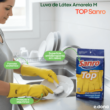 Luva de Látex Amarela M TOP Sanro - e - dona