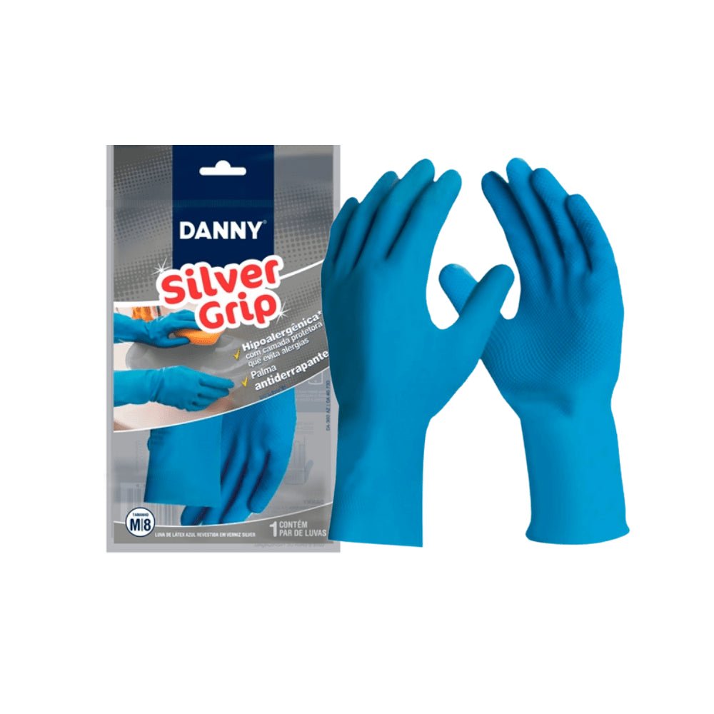 Luva de Látex hipoalergênica Silver Grip azul M Danny CA 40730 ideal para manuseio de alimentos e ambiente frigorífico - e - dona