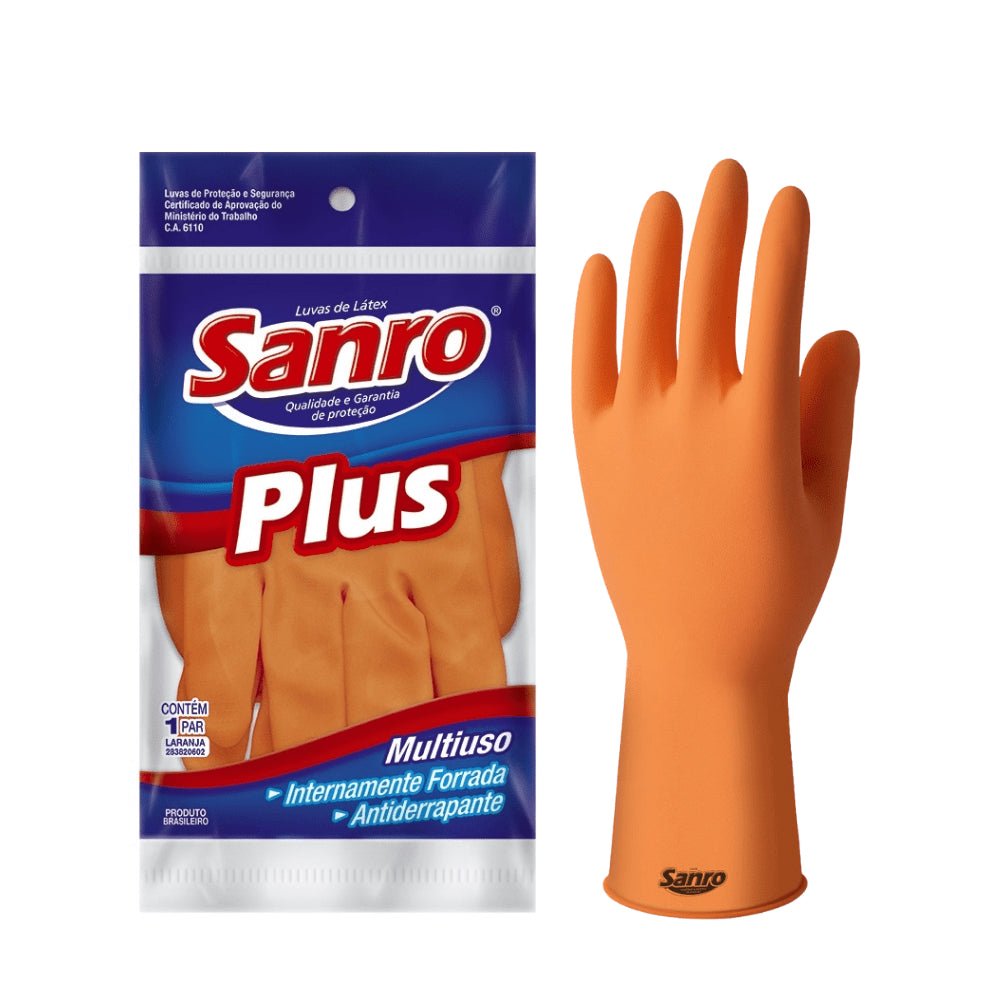Luva de látex Plus laranja M Sanro CA 6110 para limpeza, higiene e trabalhos gerais - e - dona