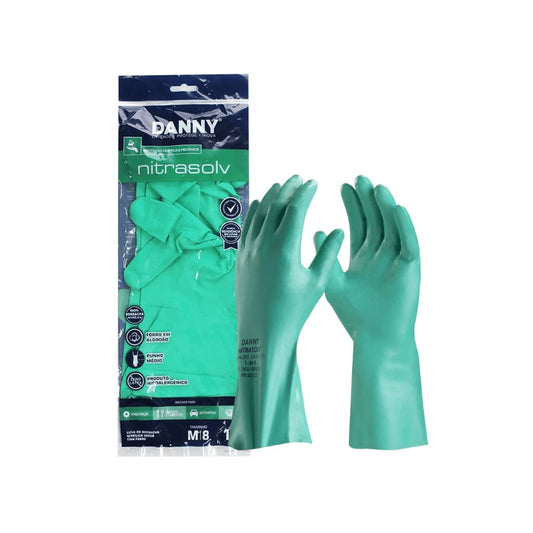Luva Nitrílica Forrada Verde P, M, G Danny CA 25313 manuseio de produtos químicos, alimentícios, e serviços em gerais - e - dona