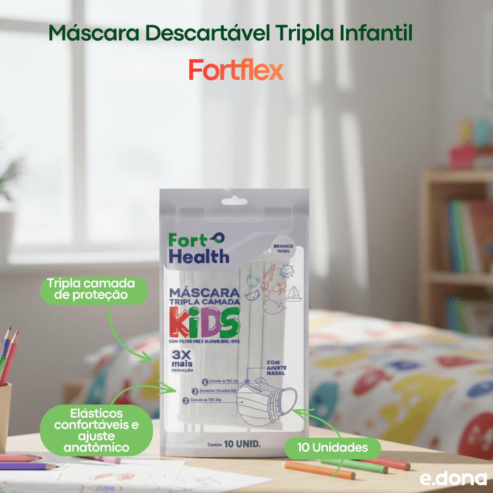 Máscara Descartável Tripla Infantil Fortflex com 10 Unidades - e - dona