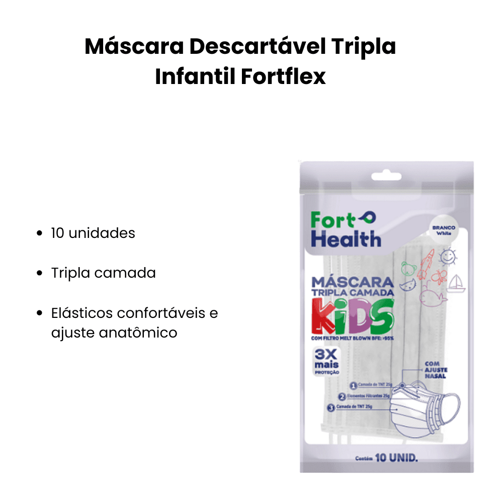 Máscara Descartável Tripla Infantil Fortflex com 10 Unidades - e - dona