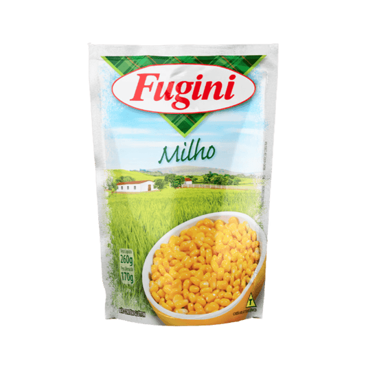 Embalagem sachê de Milho Fugini (peso líquido 260g, peso drenado 170g). O rótulo branco e verde mostra o milho em grãos amarelos dentro de uma tigela, com um fundo de paisagem rural.