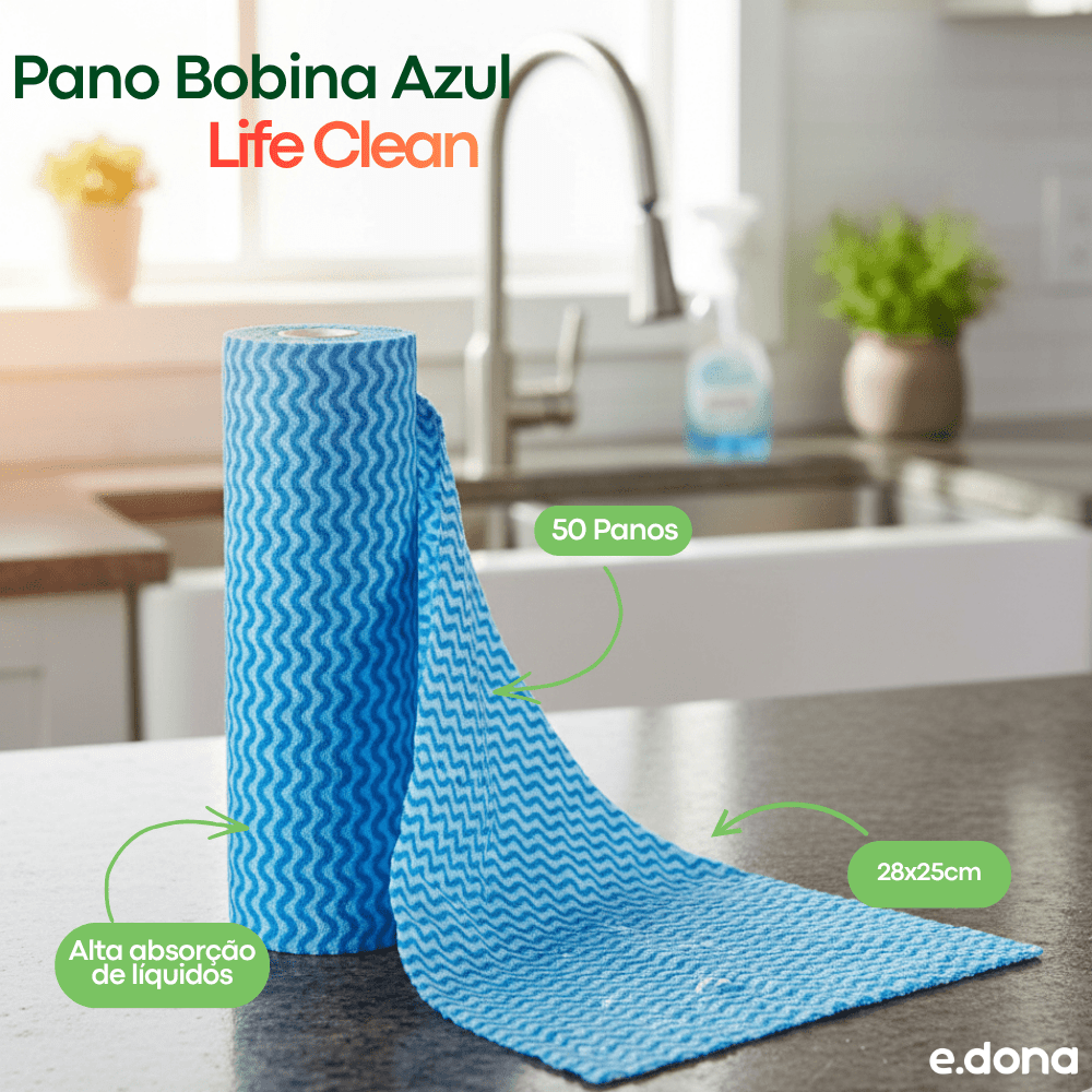 Pano Bobina 28x25cm Azul Life Clean com 50 Panos - e - dona