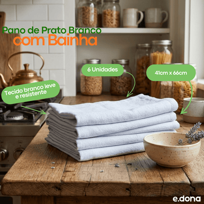 Pano de Prato Branco 41x66cm com Bainha 62g com 6 unidades - e - dona