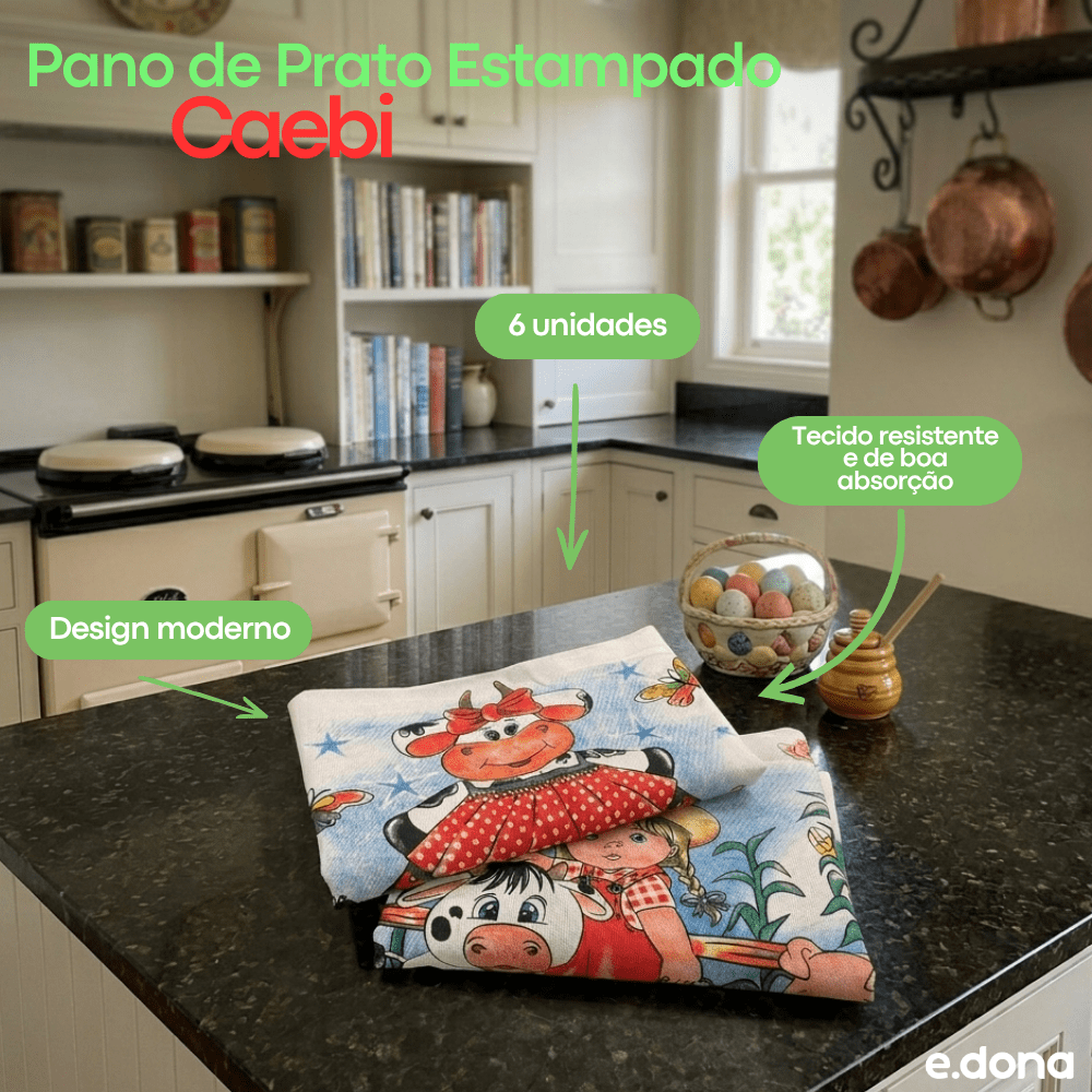 Pano de Prato Estampado 45x65cm Caebi 62g com 6 unidades - e - dona