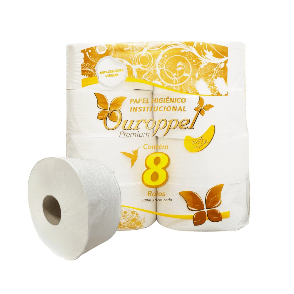 Pacote plástico transparente de papel higiênico institucional "Ouroppel Premium", contendo oito rolos de 300 m x 9 cm cada. A embalagem apresenta design em amarelo e branco com ilustrações de borboletas e beija-flor, destacando um rolo individual à frente.