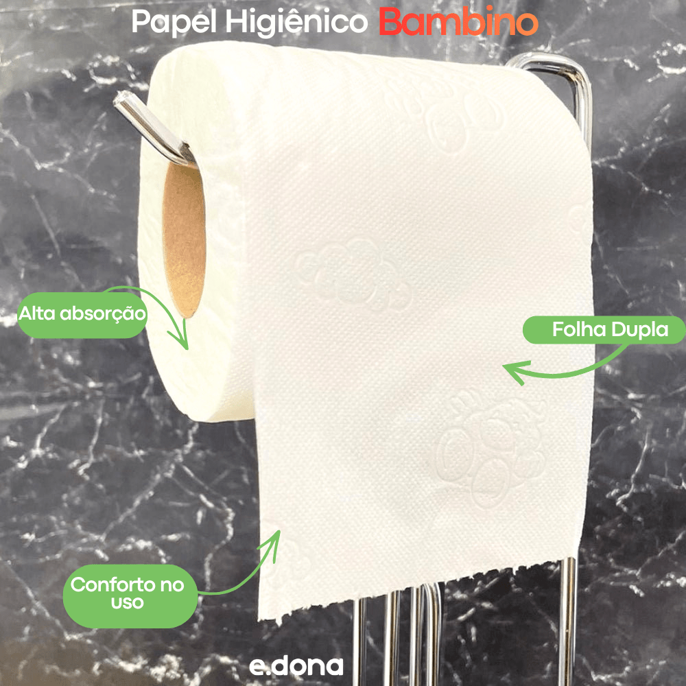 Papel Higiênico Folha Dupla Bambino – 8 Pacotes com 12 Rolos de 20 Metros - e - dona