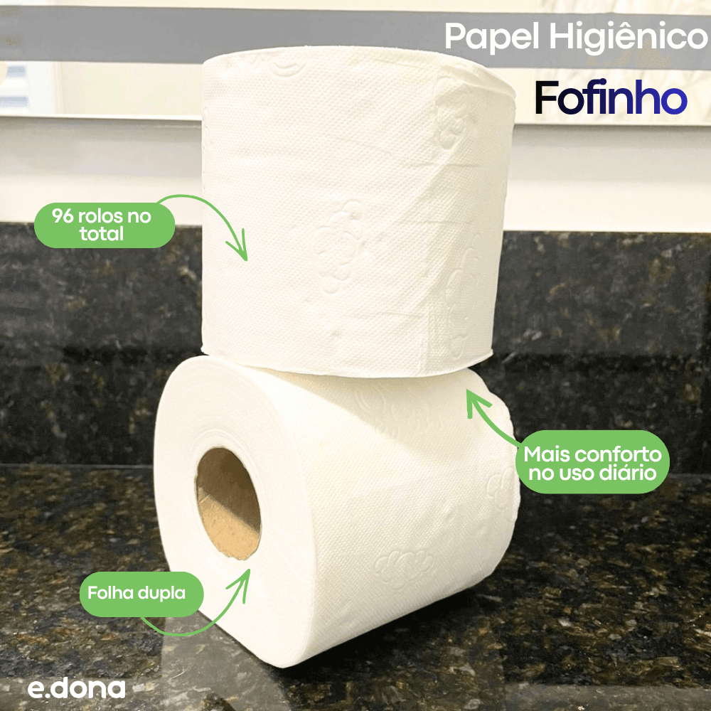 Papel Higiênico Folha Dupla Fofinho – 24 Pacotes com 4 Rolos de 30 Metros - e - dona