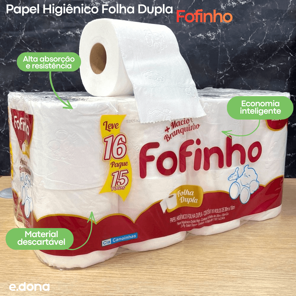 Papel Higiênico Folha Dupla Fofinho - 6 pacotes com 16 Rolos - e - dona
