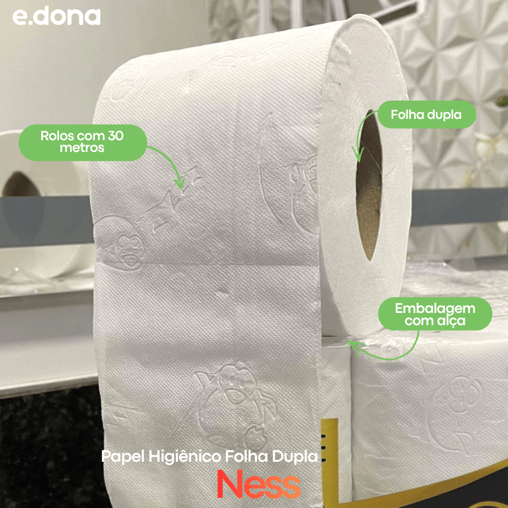 Papel Higiênico Folha Dupla Ness com Alça – 16 Rolos de 30 Metros - e - dona