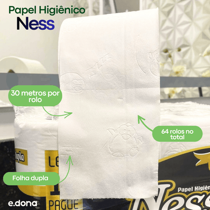 Papel Higiênico Folha Dupla Ness com Alça – 4 Pacotes com 16 Rolos de 30 Metros - e - dona