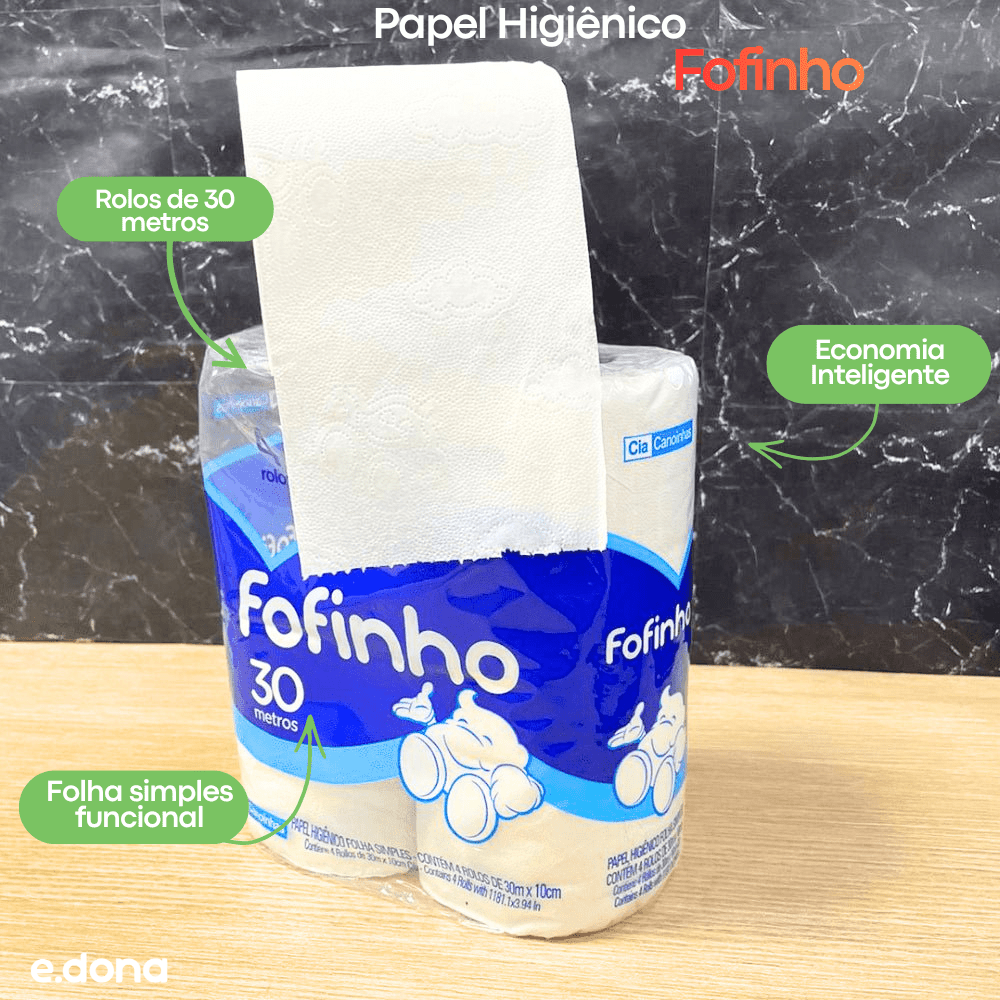 Papel Higiênico Folha Simples Fofinho – 16 Pacotes com 4 Rolos de 30 Metros - e - dona