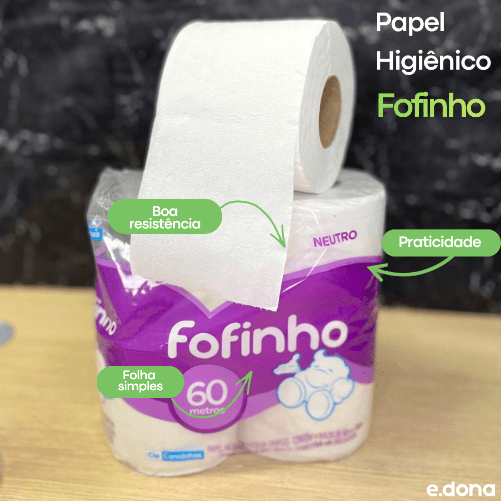 Papel Higiênico Folha Simples Fofinho – 16 Pacotes com 4 Rolos de 60 Metros - e - dona