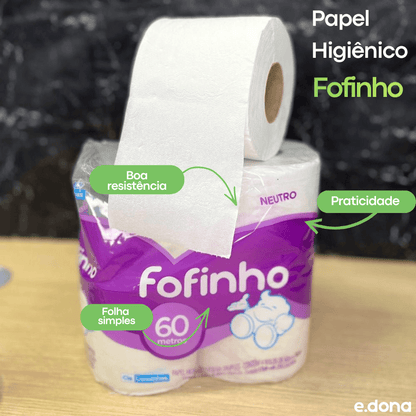 Papel Higiênico Folha Simples Fofinho – 16 Pacotes com 4 Rolos de 60 Metros - e - dona