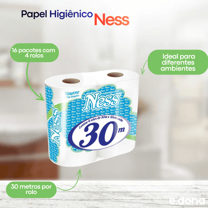 Papel Higiênico Folha Simples Ness – 16 Pacotes com 4 Rolos de 30 Metros - e - dona