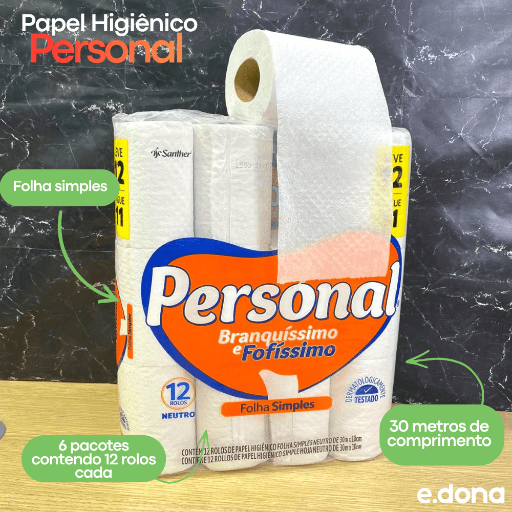 Papel Higiênico Folha Simples Personal 6 pacotes - 12 rolos de 30 metros - e - dona