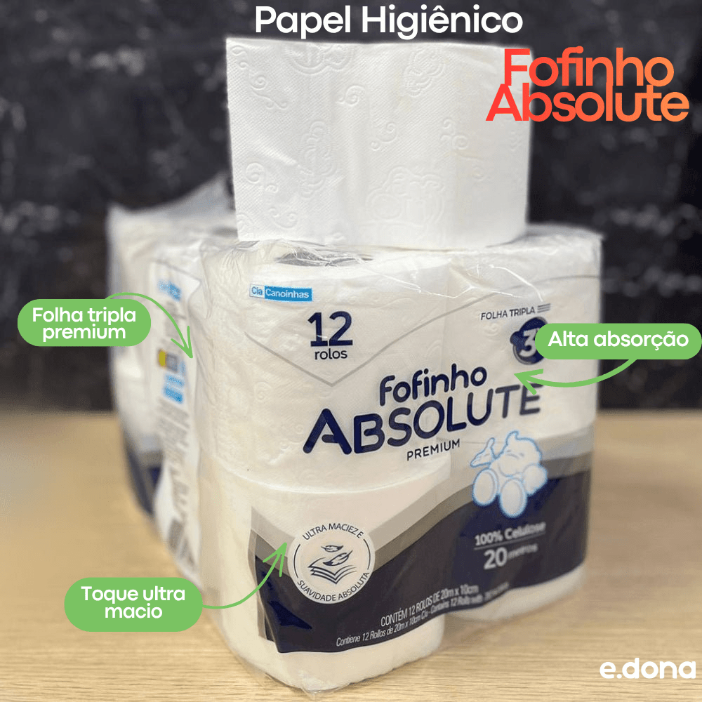 Papel Higiênico Folha Tripla Fofinho Absolute – 8 Pacotes com 12 Rolos de 20 Metros - e - dona