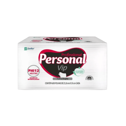 Embalagem branca de papel higiênico interfolhado "Personal Vip Professional", com detalhe de um coração preto e vermelho, indicando 600 packets de folha dupla no tamanho 21 cm x 10 cm.