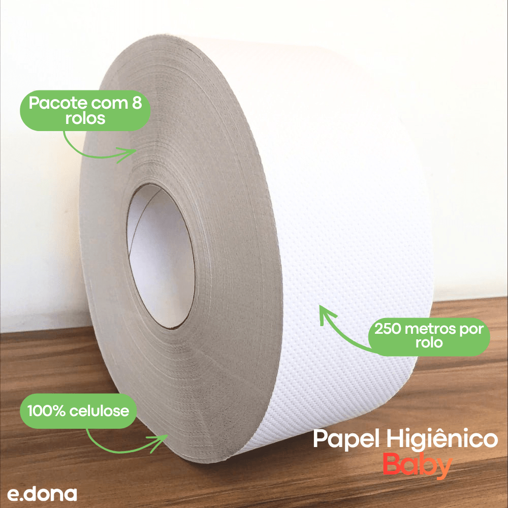 Papel Higiênico Rolão 100% Celulose Folha Dupla Baby - 8 Rolos de 250 Metros - e - dona