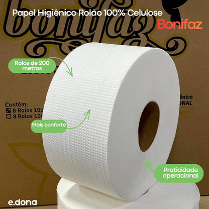 Papel Higiênico Rolão 100% Celulose Folha Dupla Bonifaz – 8 Rolos de 200 Metros - e - dona