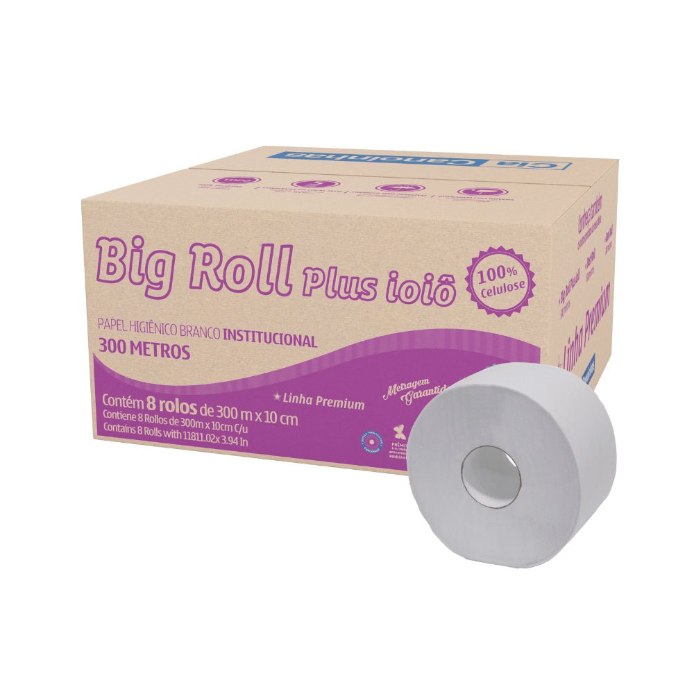 Papel Higiênico Rolão 100% celulose Folha Simples Big Roll Canoinhas com 8 rolos de 300 metros - e - dona