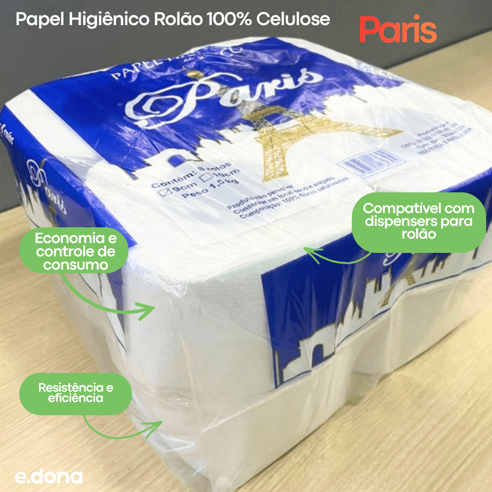 Papel Higiênico Rolão 100% Celulose Paris - 8 Rolos - e - dona