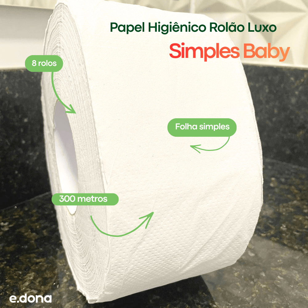 Papel Higiênico Rolão Luxo folha simples Baby 8 rolos de 300 metros - e - dona