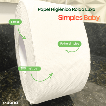 Papel Higiênico Rolão Luxo folha simples Baby 8 rolos de 300 metros - e - dona