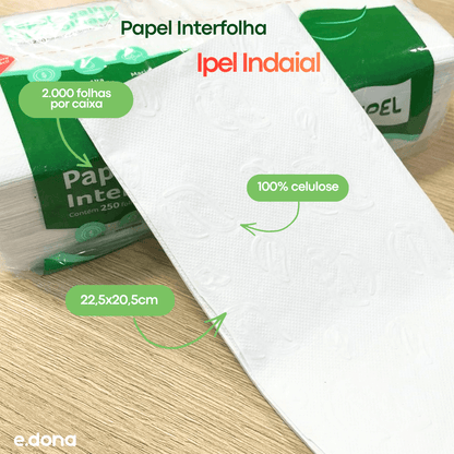Papel Interfolha 100% celulose 22,5x20,5cm 2 dobras folha simples Ipel Indaial com 2.000 folhas - e - dona
