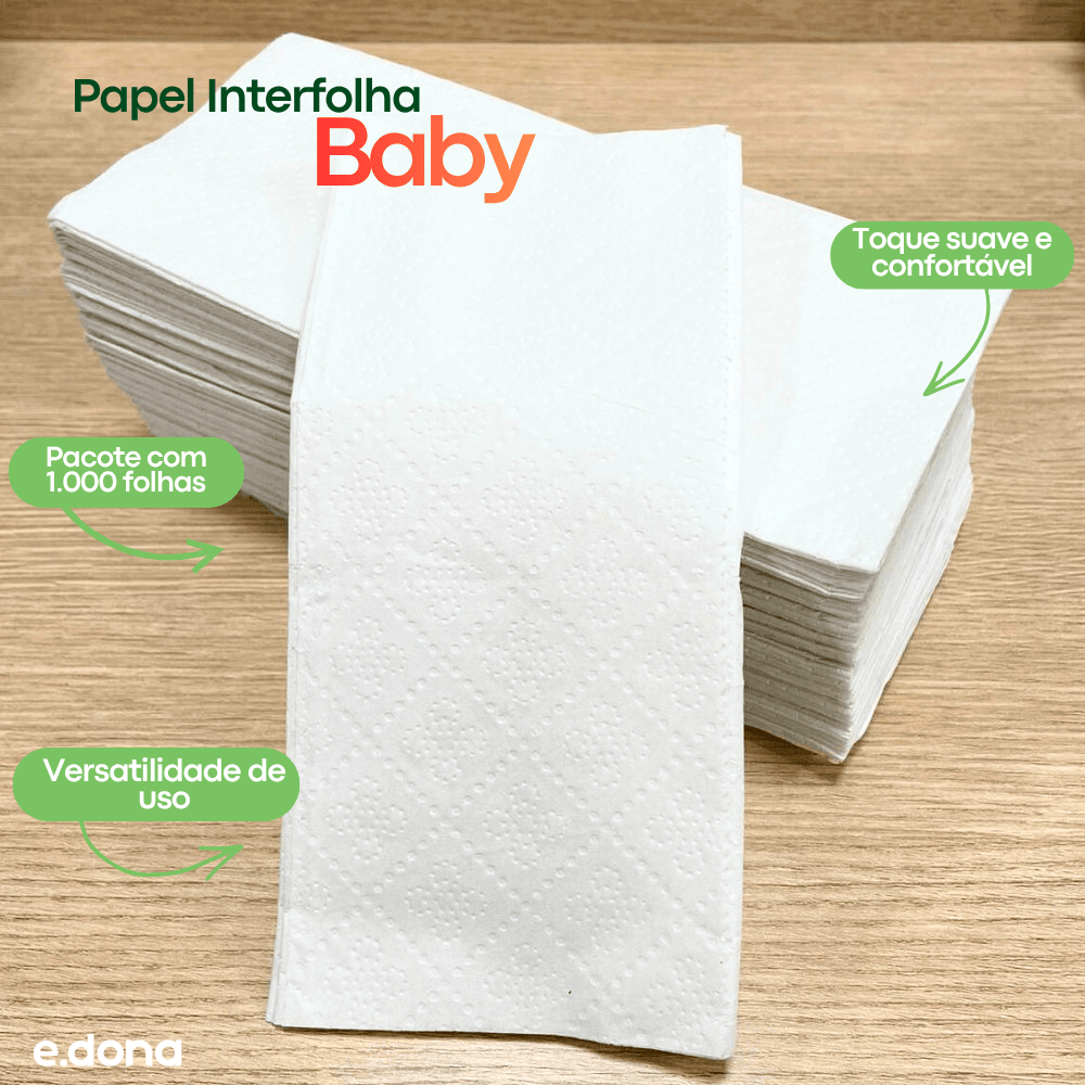 Papel Interfolha 100% celulose 22,5x21cm 2 dobras folha simples Baby com 1.000 folhas - e - dona