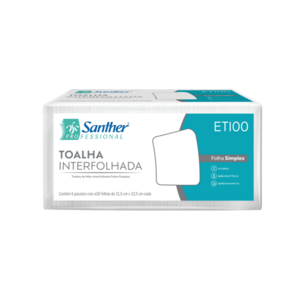 Papel Interfolha 100% celulose 22x23cm 3 dobras folha simples Santher com 2.400 folhas - e - dona