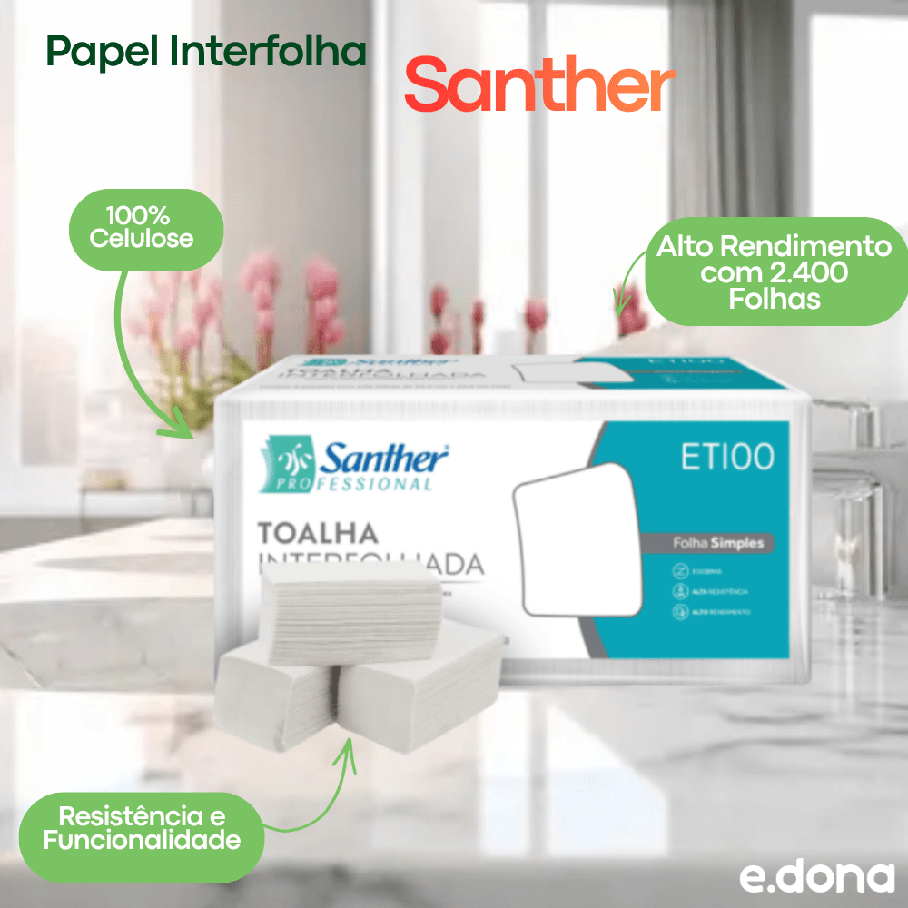 Papel Interfolha 100% Celulose 22x23cm 3 Dobras Santher – 2.400 Folhas - e - dona