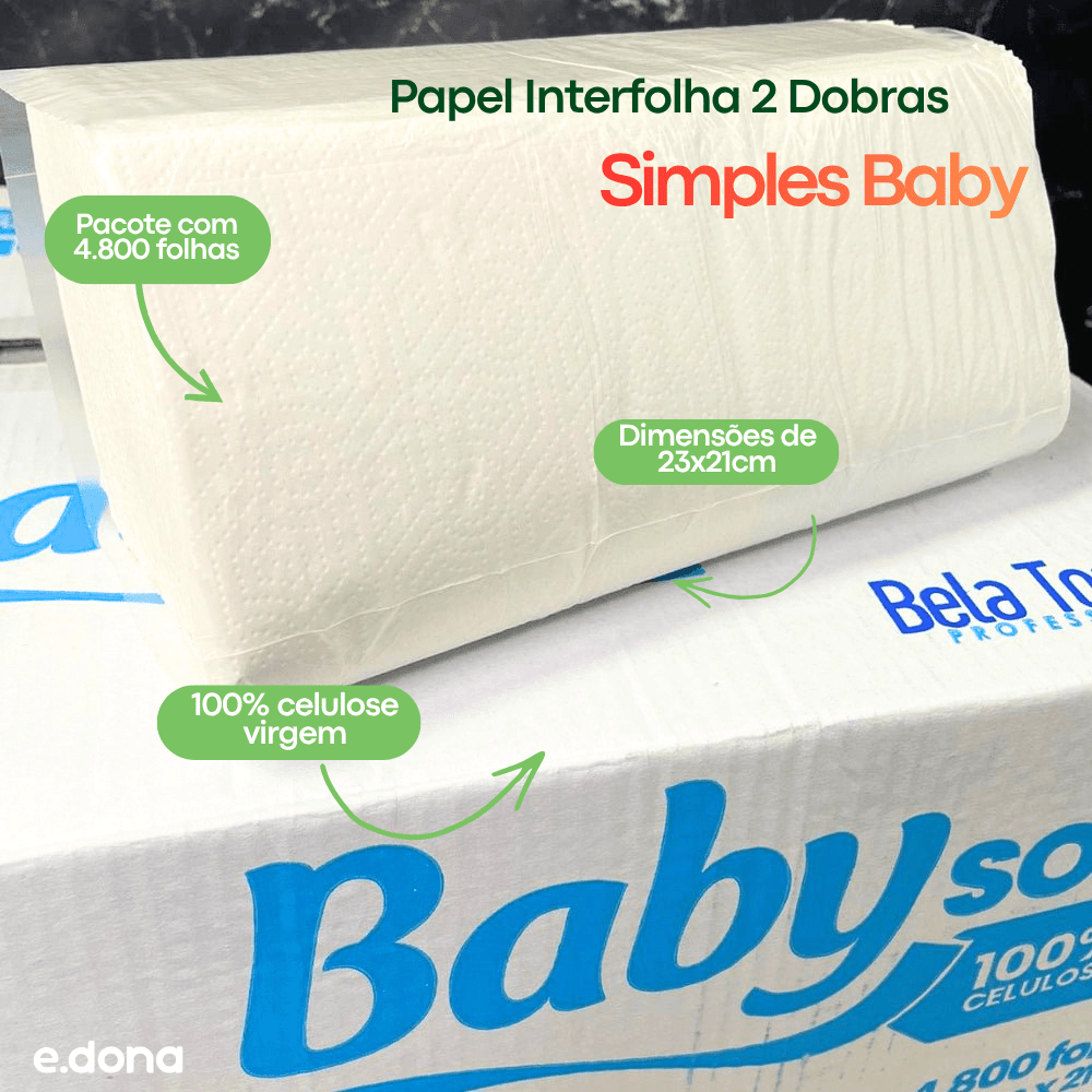Papel Interfolha 100% Celulose 23x21cm 2 Dobras Folha Simples Baby com 4.800 Folhas - e - dona
