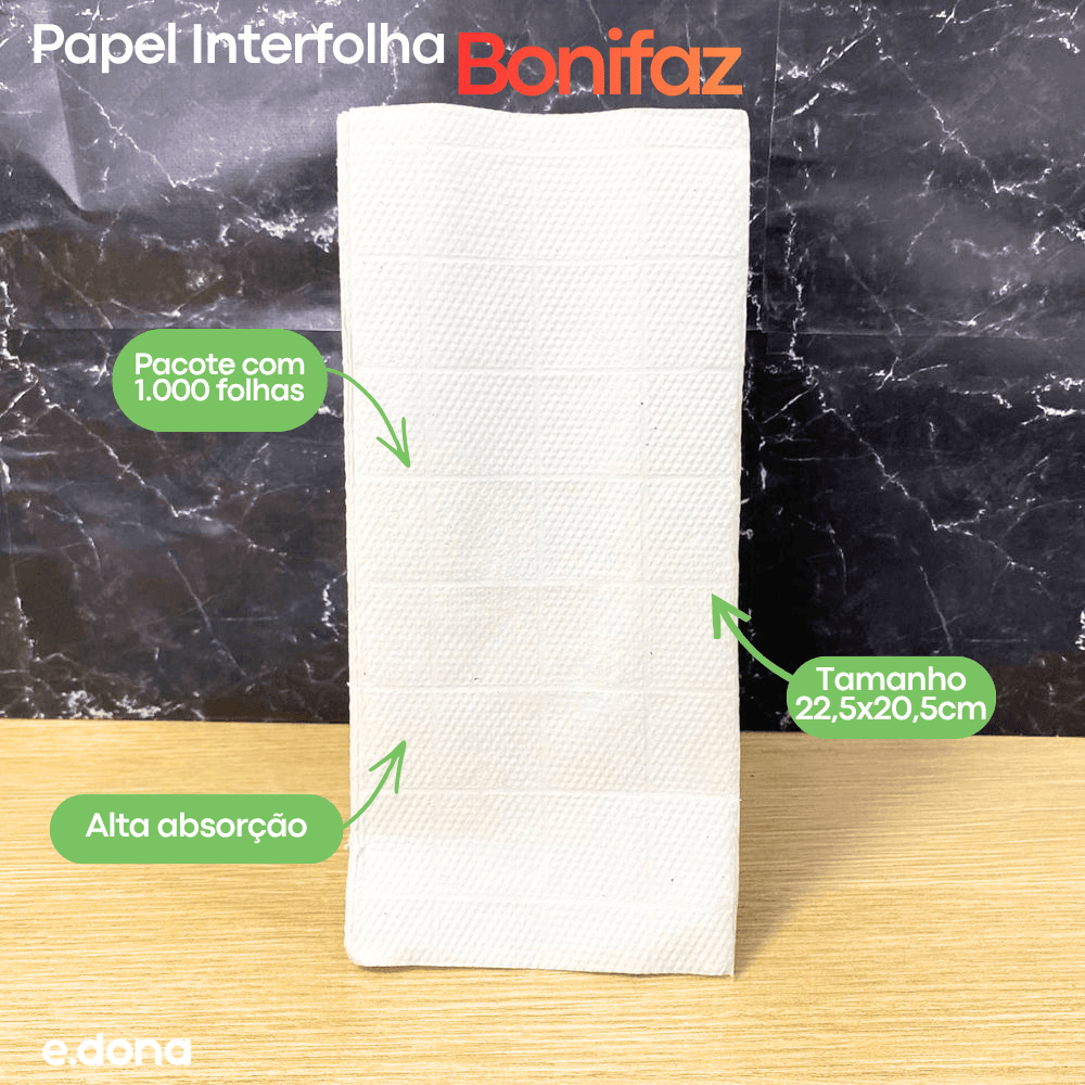 Papel Interfolha 100% Celulose Bonifaz 22,5x20,5cm – 1.000 Folhas Simples com 2 Dobras - e - dona