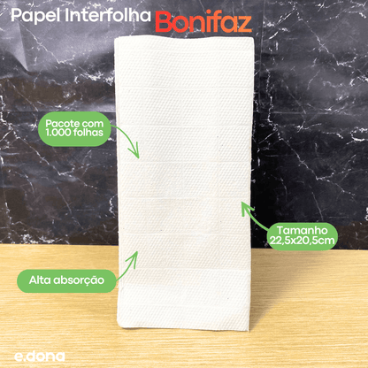 Papel Interfolha 100% Celulose Bonifaz 22,5x20,5cm – 1.000 Folhas Simples com 2 Dobras - e - dona