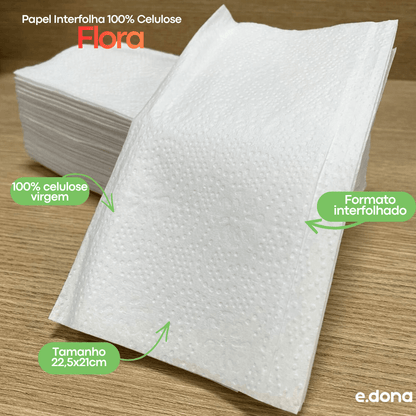Papel Interfolha 100% Celulose Flora 22,5x21cm – 2 Dobras, Folha Simples com 1.000 Folhas - e - dona