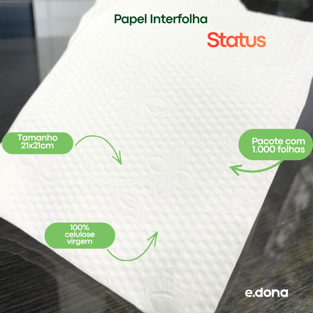 Papel Interfolha 100% Celulose Status 21x21cm – 2 Dobras, Folha Simples com 1.000 Folhas - e - dona