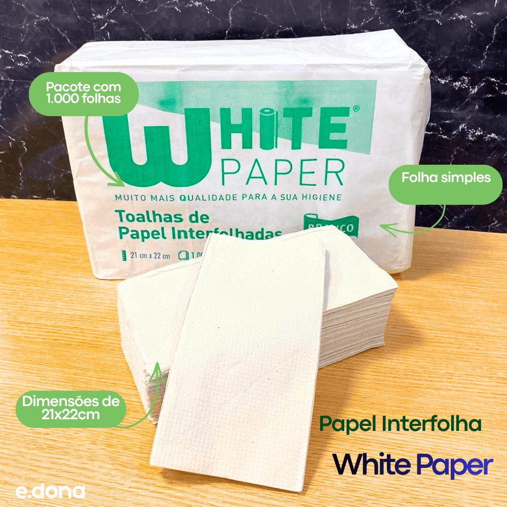 Papel Interfolha Branco 21x22cm 2 dobras folha simples White Paper com 1.000 folhas - e - dona