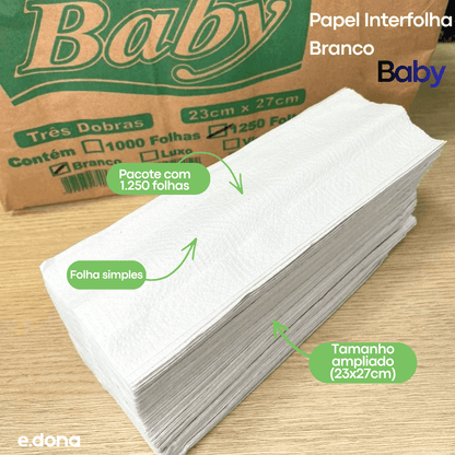 Papel Interfolha Branco Baby 23x27cm – 3 Dobras, Folha Simples com 1.250 Folhas - e - dona