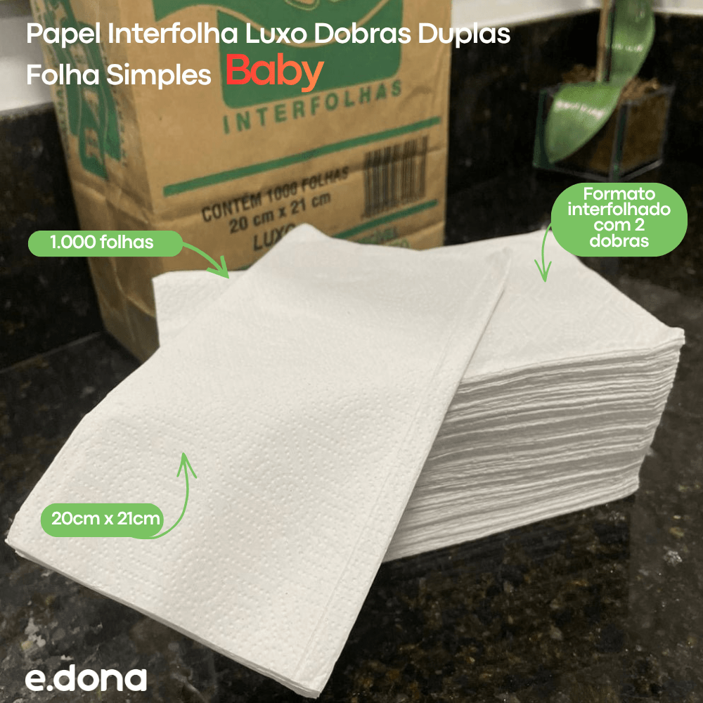Papel Interfolha Luxo 20x21cm Dobras Duplas Folha Simples Baby - 1.000 Folhas - e - dona