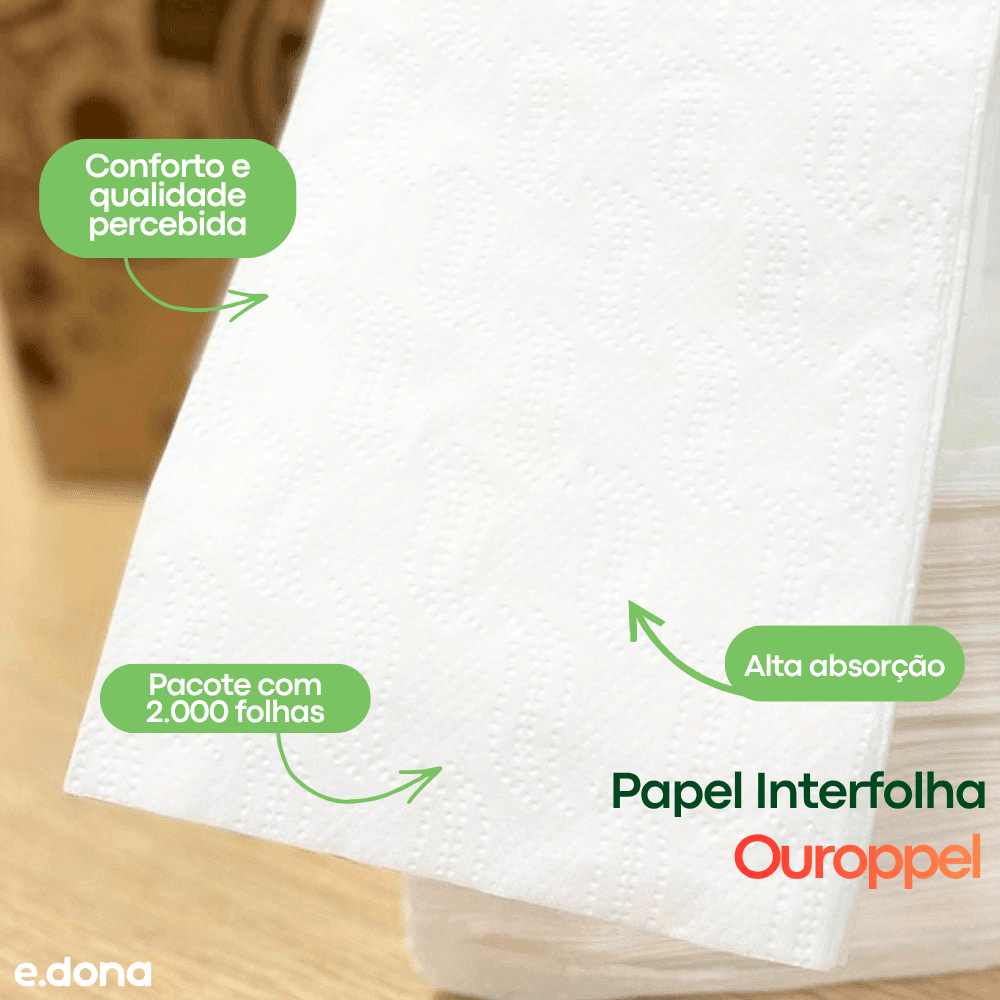 Papel Interfolha Ouroppel 100% Celulose 22,5x20cm 2 Dobras - 2.000 Folhas - e - dona