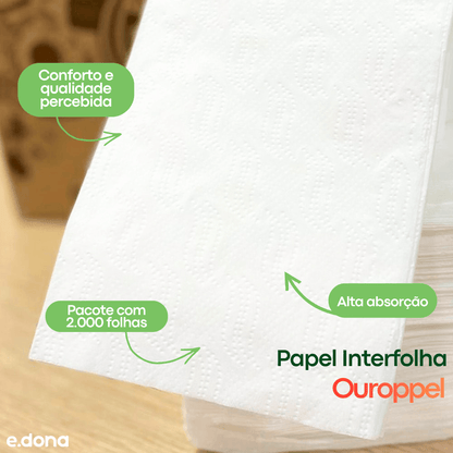 Papel Interfolha Ouroppel 100% Celulose 22,5x20cm 2 Dobras - 2.000 Folhas - e - dona