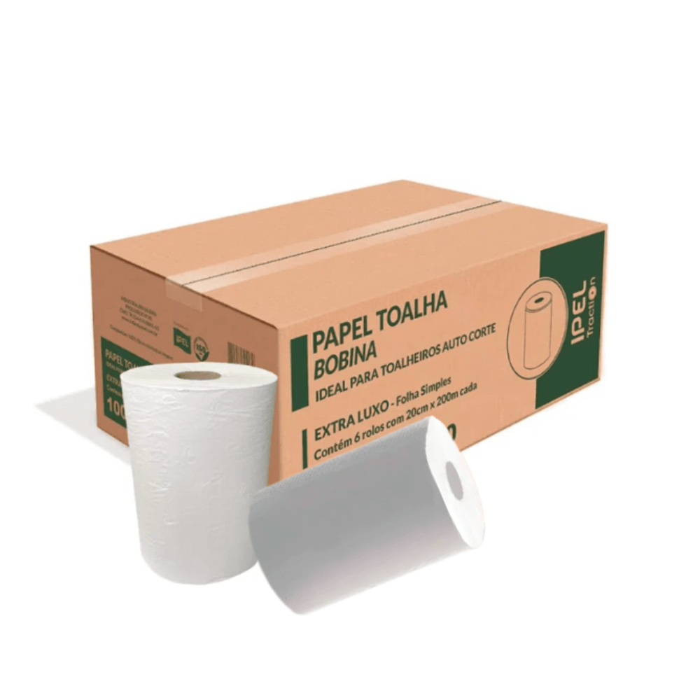 Papel Toalha Bobina 100% celulose 30gr Ipel Indaial com 6 rolos de 200 metros - e - dona